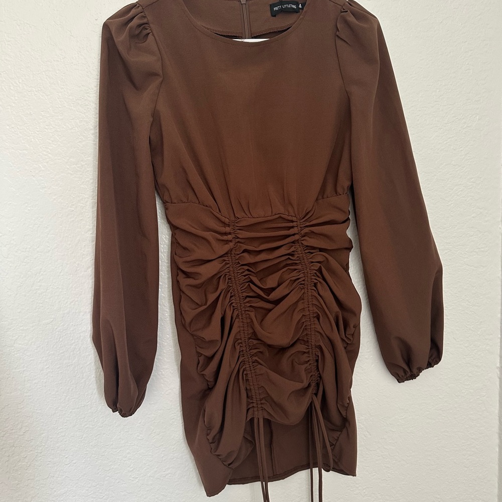 Zara Brown Ruched Long-Sleeve Dress